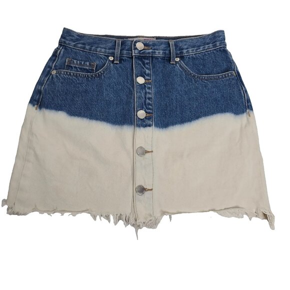 Juicy Couture Mini Skirt Womens 26 Denim Jean Two Tone Raw Hem White Blue Button - Picture 1 of 9